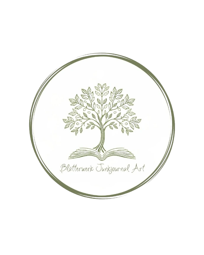 Logo von Blätterwerk - Junk Journal Art; zeigt einen Baum, der aus der Mitte eines aufgeschlagenen Buches entspringt